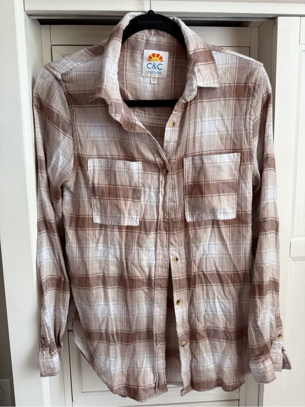 C&C California Brown and Cream Plaid Button-Down Flannel Shirt
